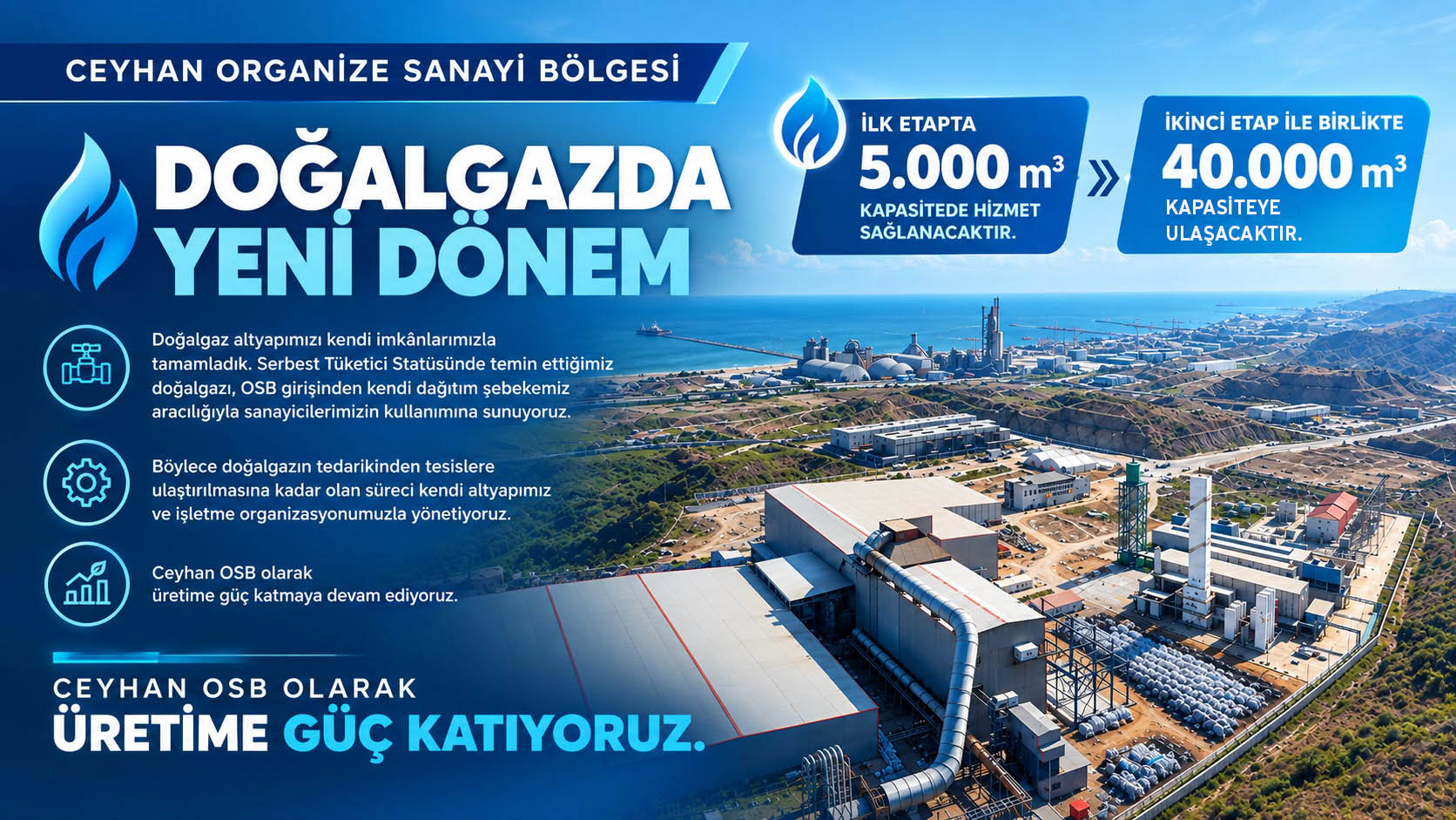 A new era in natural gas: Ceyhan OSB completed its natural gas infrastructure with its own means; 5,000 m³ capacity in the first phase and 40,000 m³ together with the second phase.