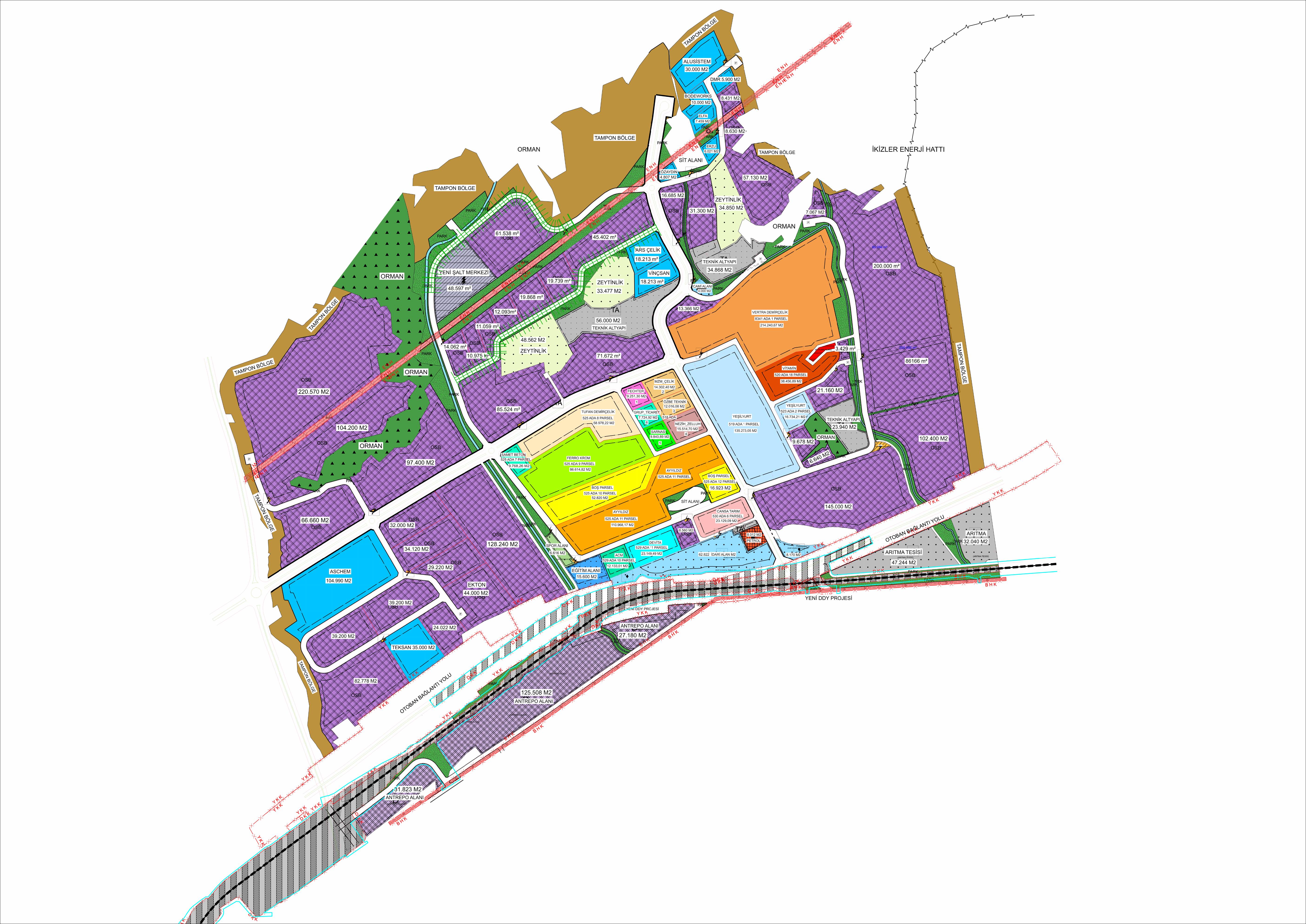 Ceyhan Organised Industrial Zone zoning plan: parcels allocated to companies, roads, technical infrastructure, park and forest areas